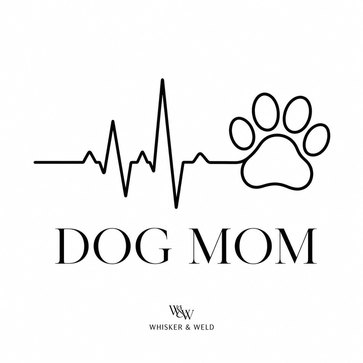 Heartbeat & Paw — EKG line transitioning into a paw print, Dog Mom in serif beneath
